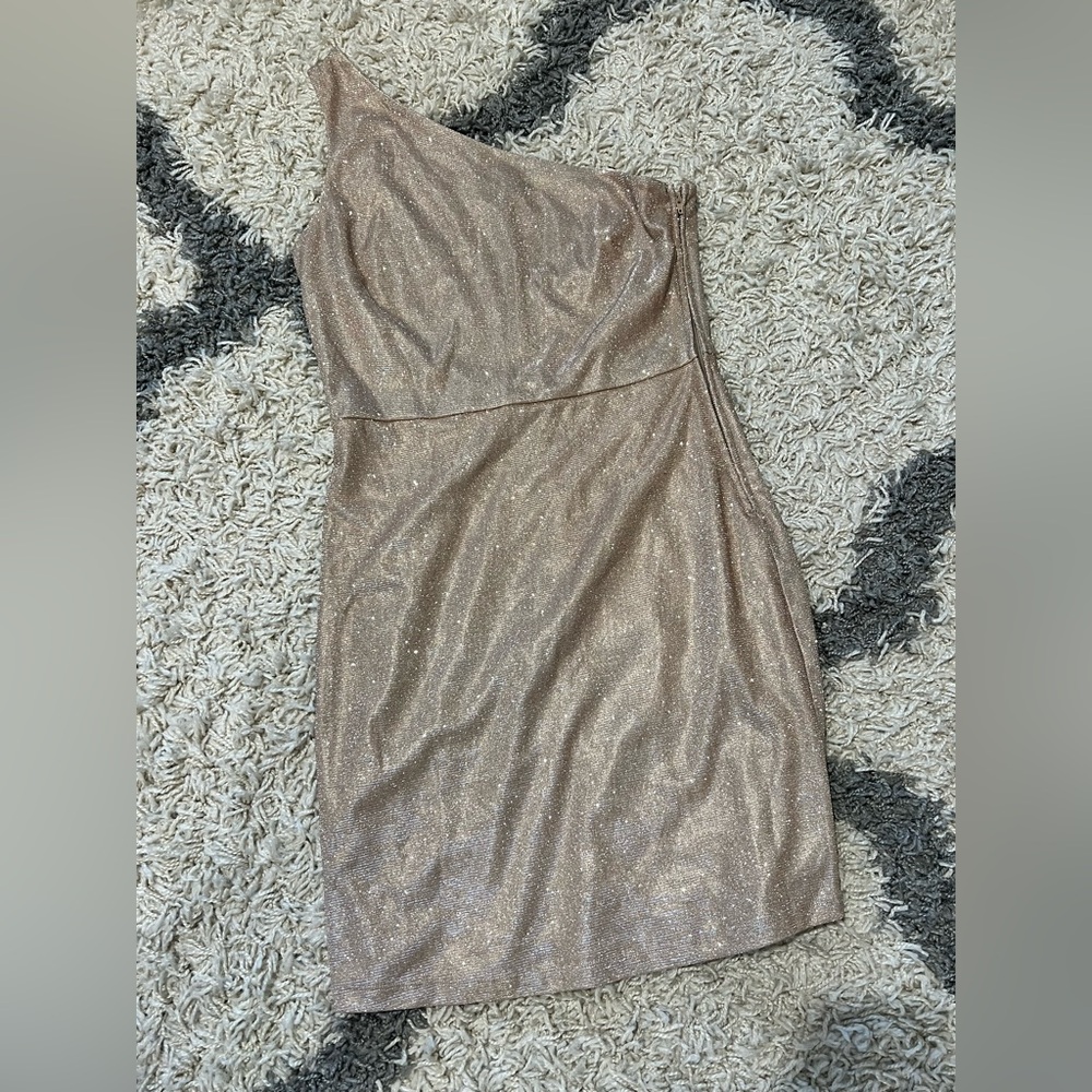 One-Shoulder Shimmer Cocktail Dress - Champagne - Size 7